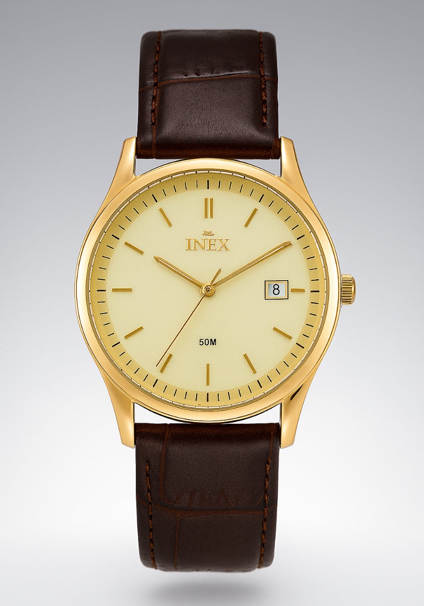 Brunt läderarmband, guldfärgad boett - Inex Mens Gold/Gold A69475D7I - LQ2 - Quartz - Guld - Herrklocka - Läder - Härdat mineralglas