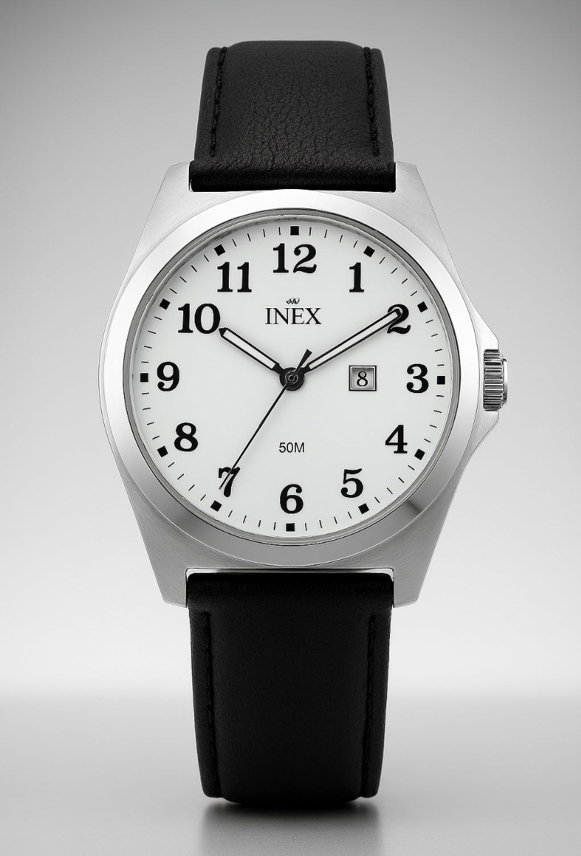Inex Classic Mens 39mm Black Leather - Quartz - Silver - Herrklocka - Läder - Härdat mineralglas