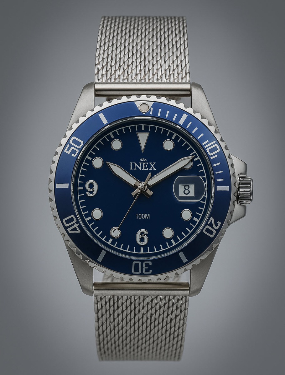 Inex Mens Sporty Blue Mesh 40mm - Quartz - Silver - Herrklocka - Mesh - Härdat mineralglas