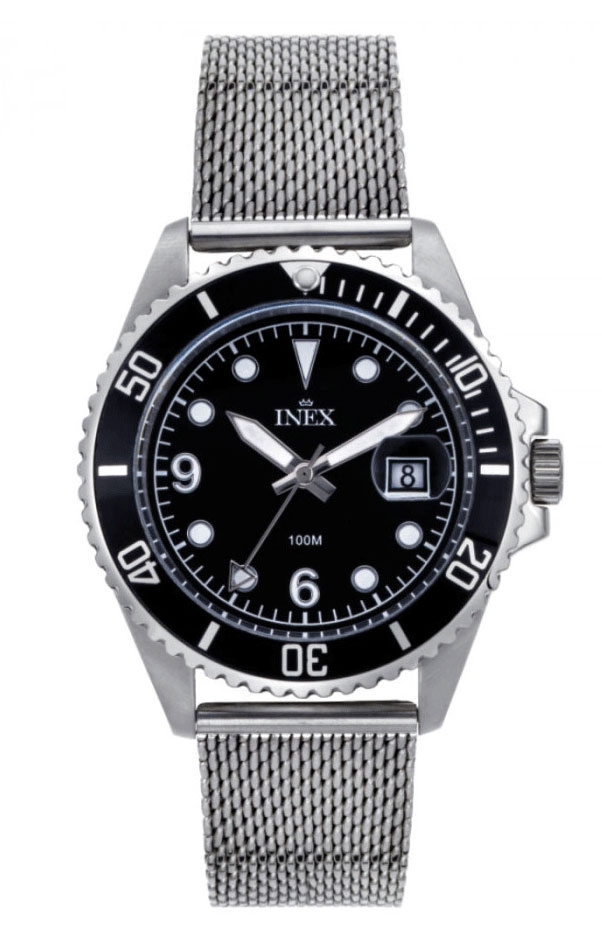 Enkel elegans, men 10 bar vattentäthet - Inex Silver Black A69512-4S5P - Quartz - Silver - Herrklocka - Mesh - Härdat mineralglas