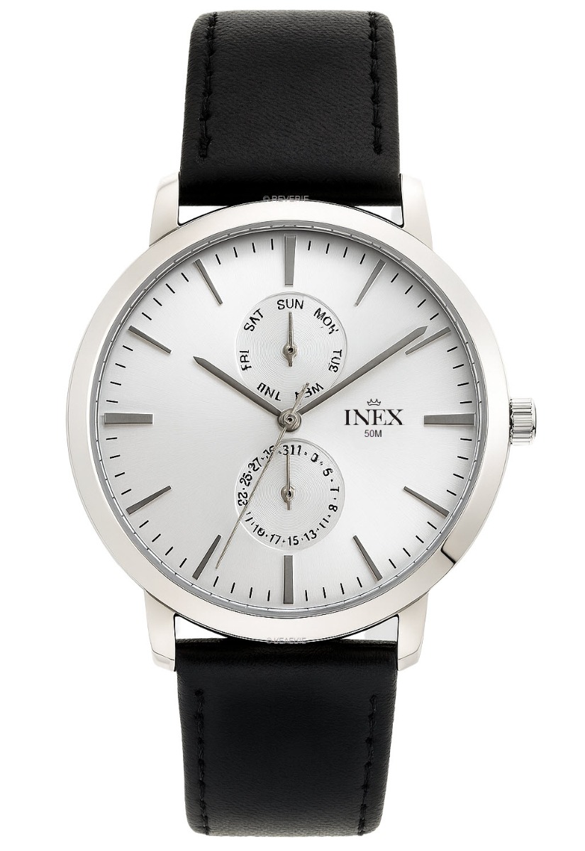 Stålboett och svart armband av läder - Inex Mens Silver A69525S4I - Quartz - Silver - Herrklocka - Läder - Härdat mineralglas