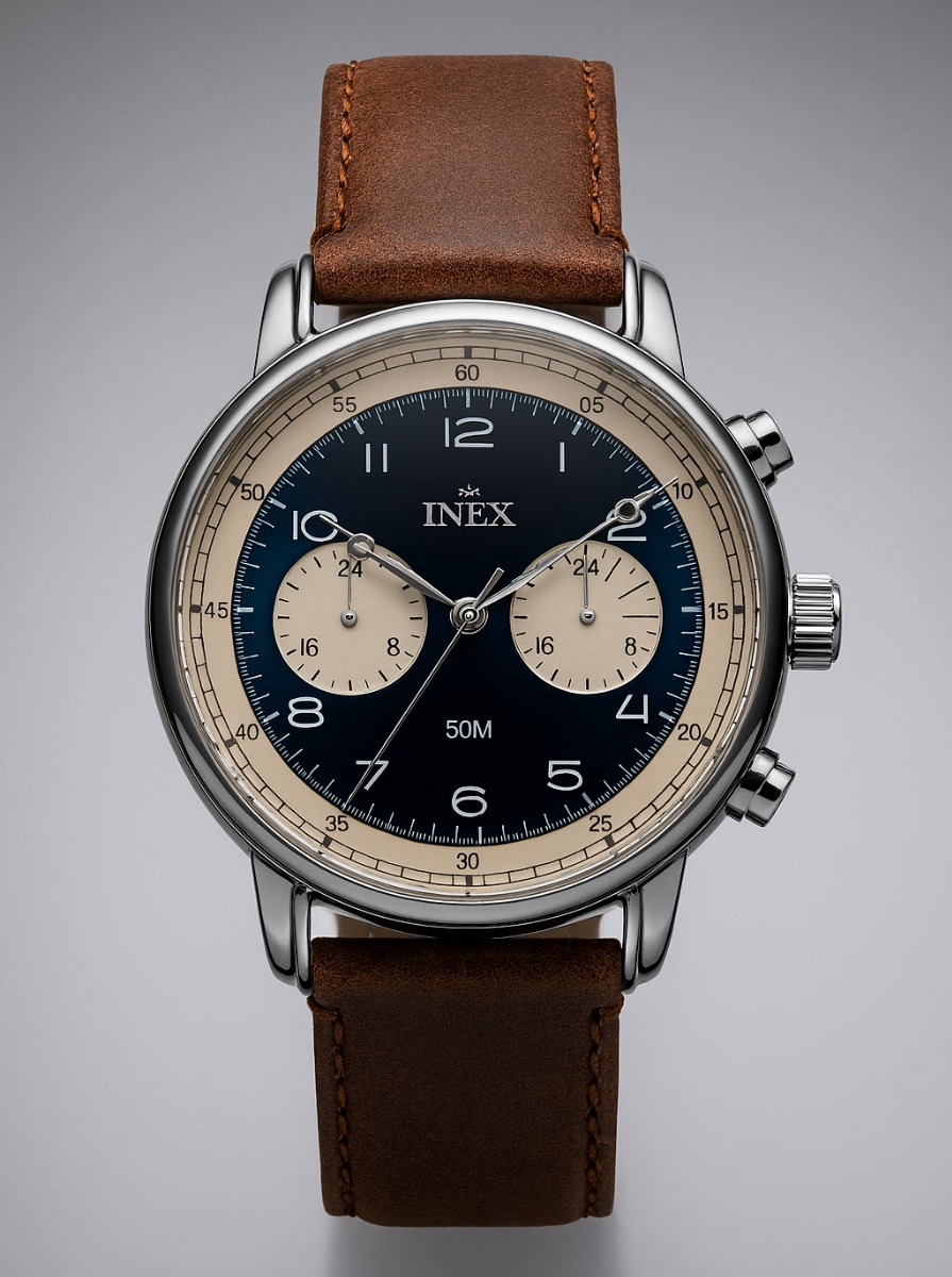 Inex Mens Vintage Silver Blue 40mm - Quartz - Silver - Herrklocka - Läder - Härdat mineralglas