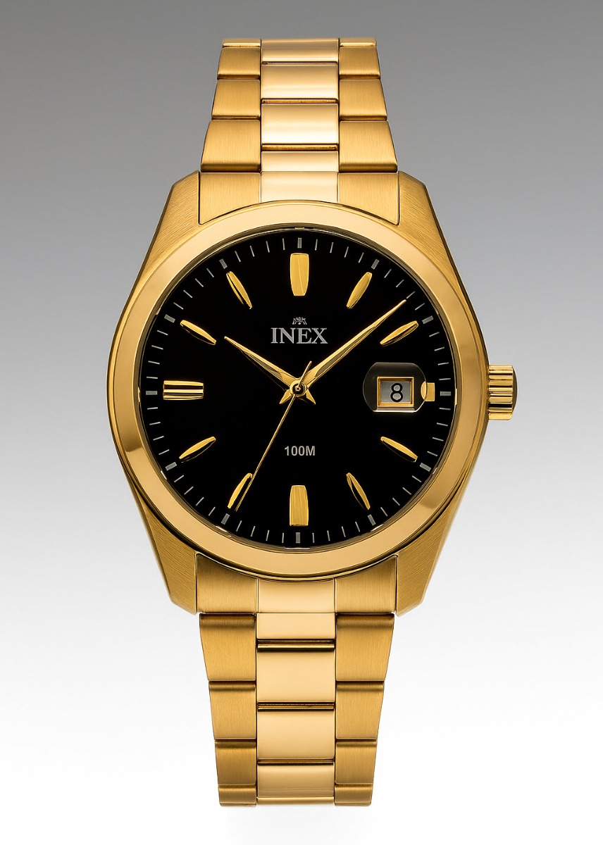 INEX Gold-Tone Stainless Steel Watch with Black Dial and Date Display – 100M Water Resistant - Quartz - Guld - Herrklocka - Rostfri stål - Härdat...