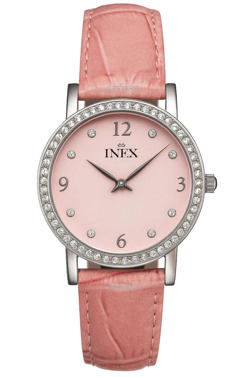 Inex Womens Pink Crystal Petite 30mm - Quartz - Kristall Silver - Damklocka - Läder - Härdat mineralglas
