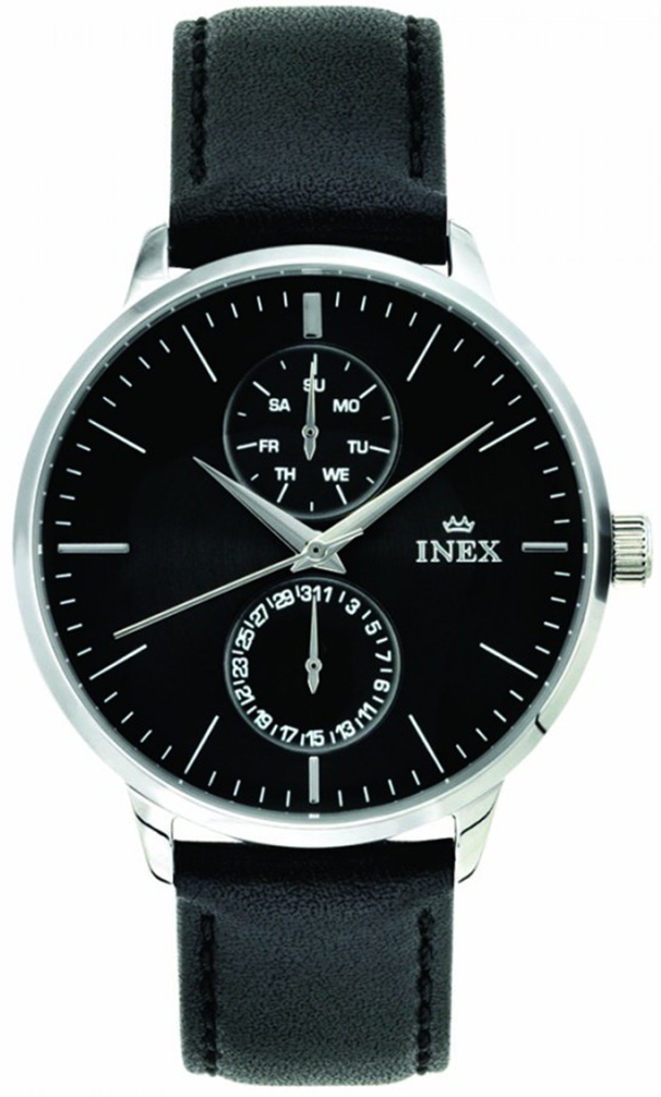 Läderarmband på klocka för killen med stil - Inex Mens Silver/Black A76198S5I - Quartz - Silver - Herrklocka - Läder - Härdat mineralglas