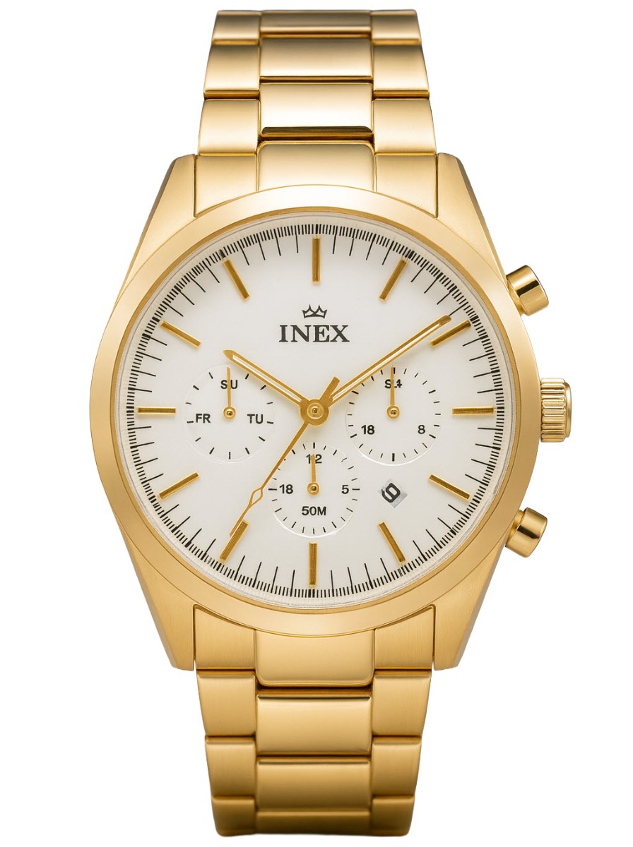 Inex Mens Golden Chronograph 44mm - Quartz - Guld - Herrklocka - Rostfri stål - Härdat mineralglas