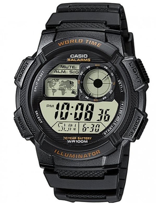 Casio | Stor sportklocka med världstid och digital display | AE-1000W-1AVEF - Digitalt - Svart - Herrklocka - Harts - Härdat mineralglas