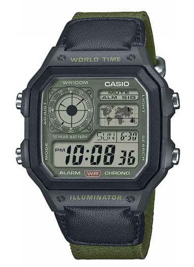 Casio | Digital världsklocka med grön NATO-rem och 100M vattentålighet | AE-1200WHUB-3AVEF - Digitalt - Svart - Herrklocka - Textil - Resin