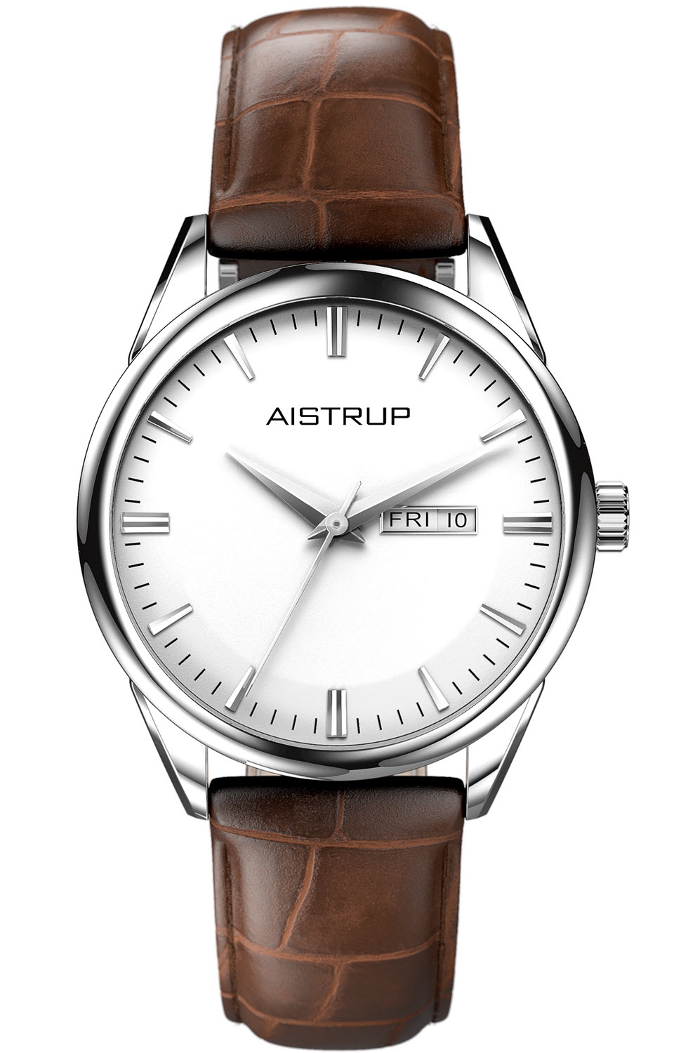 Klassisk herrklocka med vit urtavla, datum- och dagvisning samt brunt läderarmband från Aistrup Classic 78 kollektionen | AIW7801 - Quartz -...