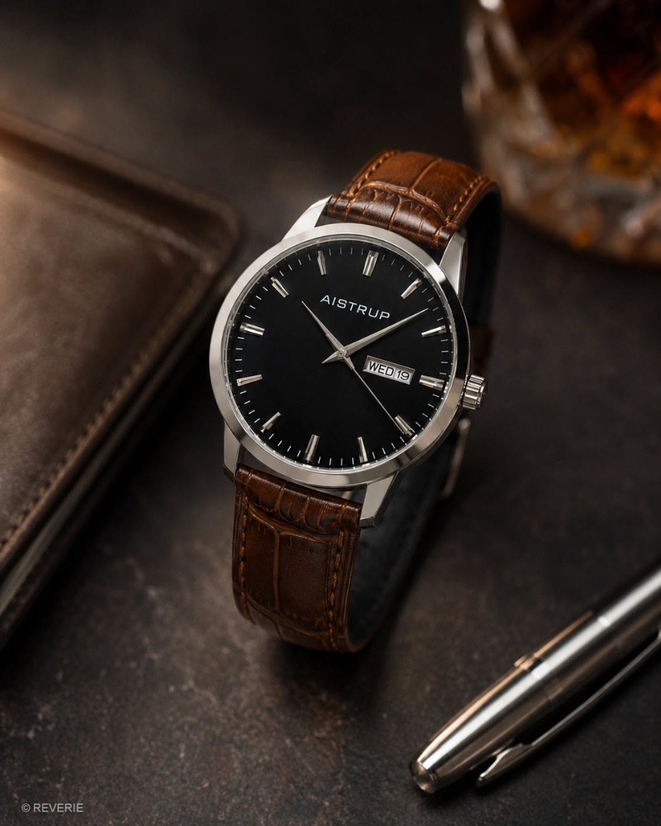 Aistrup | Sofistikerad herrklocka med svart urtavla, dag- och datumvisning samt brunt läderarmband i elegant krokodiltextur | AIW7803 - Quartz - 