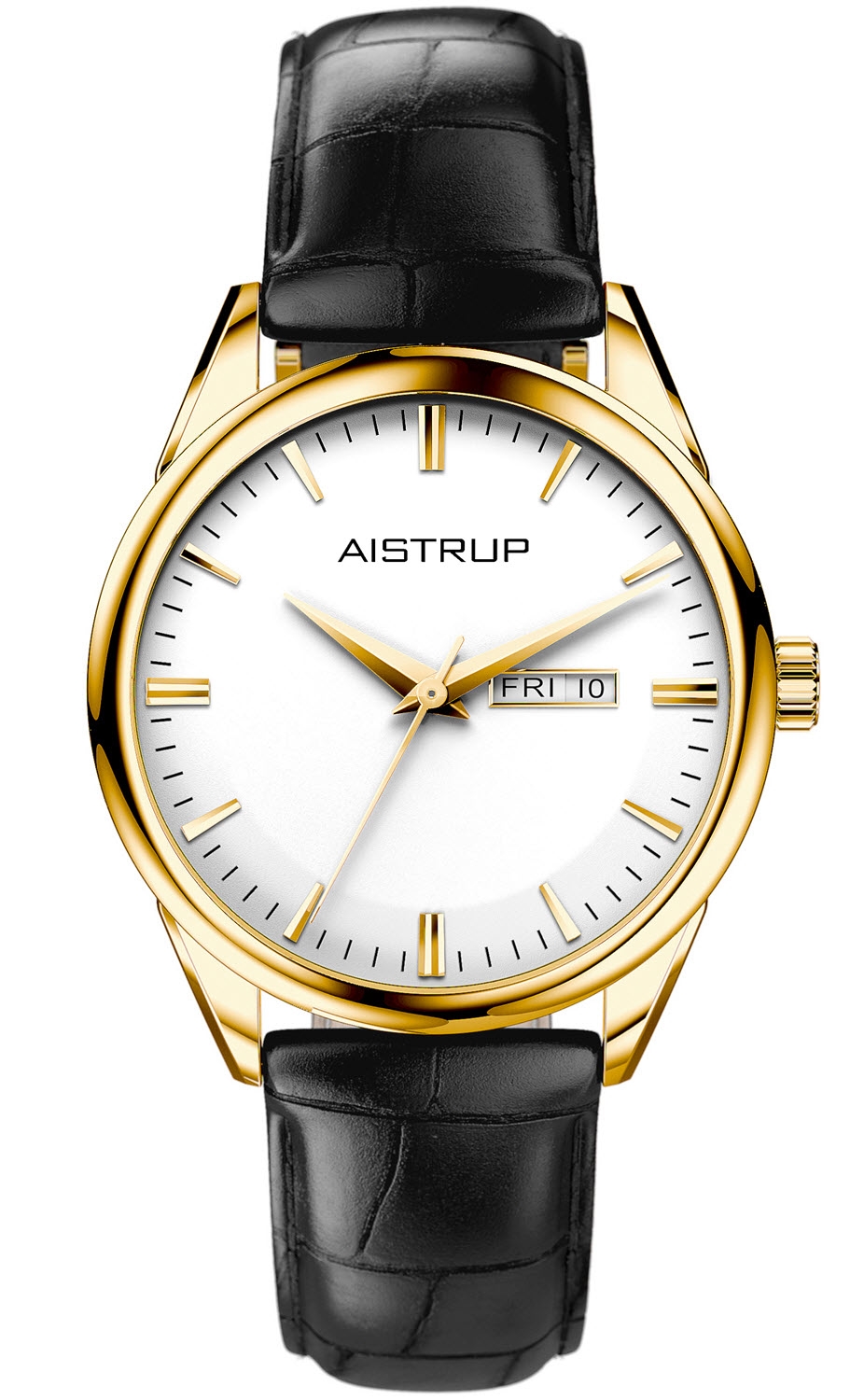 Aistrup | Exklusiv herrklocka med vit urtavla, dag- och datumvisning i gyllene finish med svart läderrem i krokodiltextur | AIW7806 - Quartz - Guld -.
