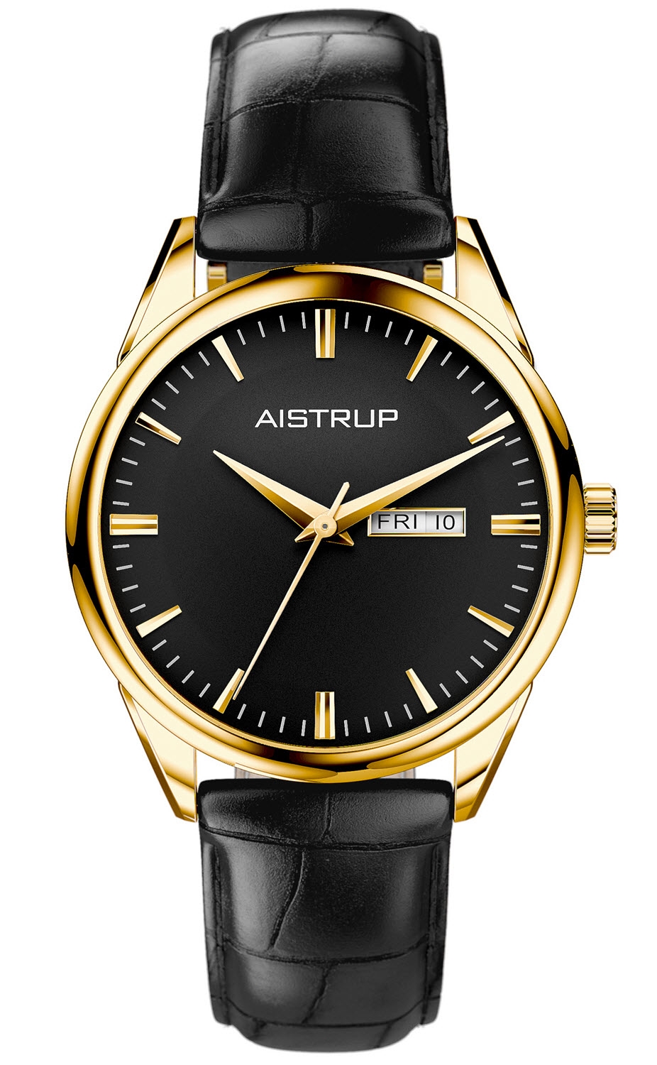Aistrup | Lyxig herrklocka med svart urtavla, dag- och datumvisning i gyllene finish med elegant svart läderrem i krokodiltextur | AIW7808 - Quartz - 