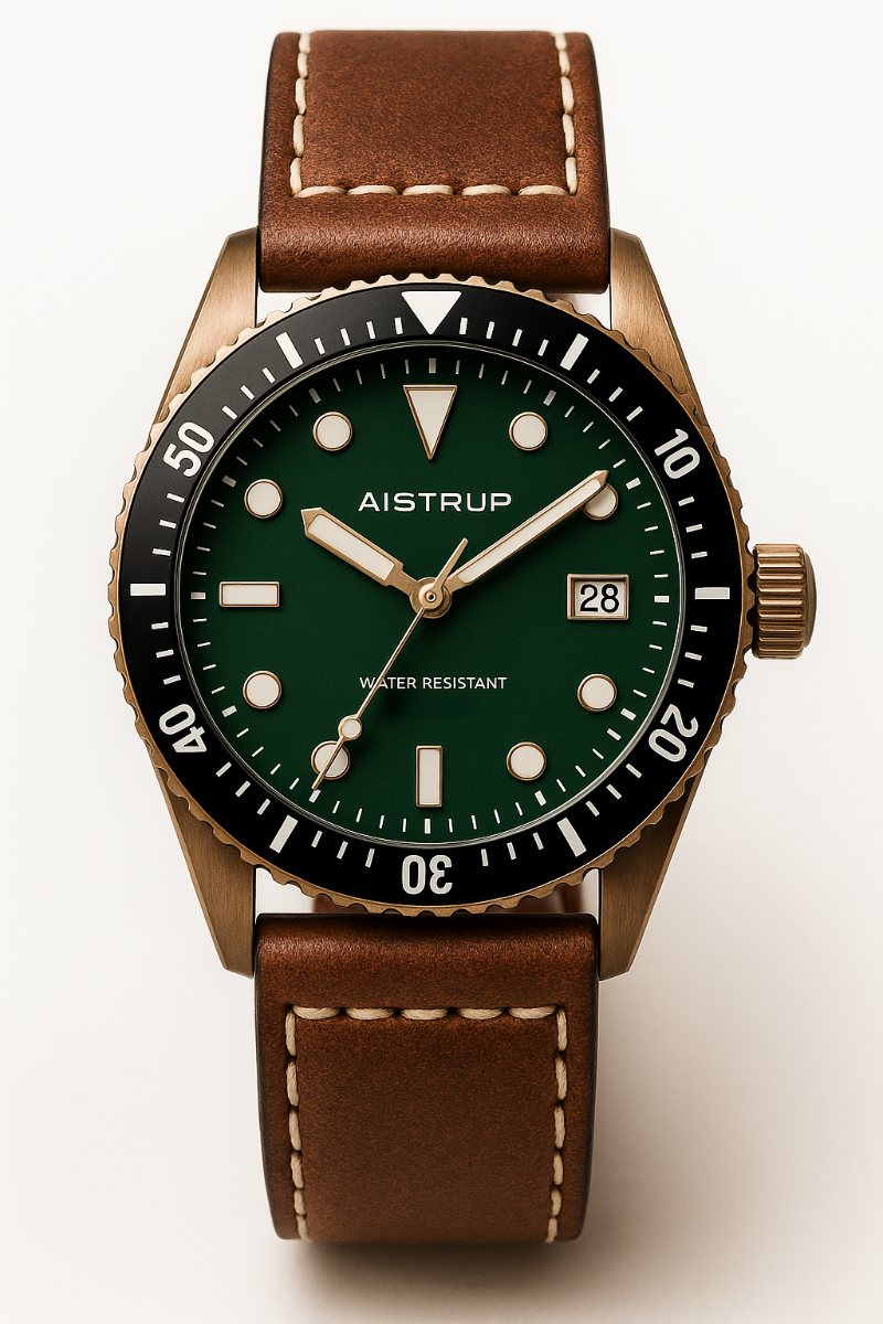 Aistrup AIW8503 Brass Classic Sapphire herrklocka med grön urtavla och läderrem | AIW8503 - Quartz - Brons - Herrklocka - Läder - Safir