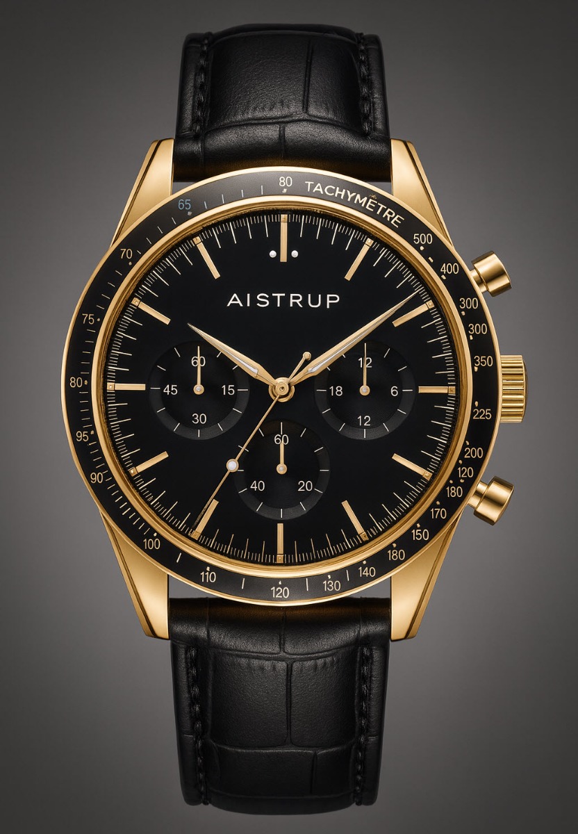 Aistrup AIW8701 Classic Sapphire Chronograph herrklocka med svart urtavla och gulddetaljer | AIW8701 - Quartz - Guld - Herrklocka - Läder - Safir