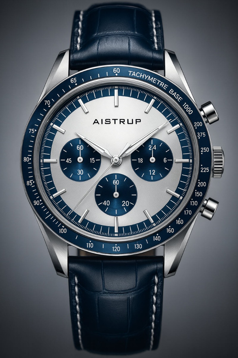 Aistrup AIW8705 Classic Sapphire Chronograph herrklocka med panda urtavla och blå detaljer | AIW8705 - Quartz - Silver - Herrklocka - Läder - Safir