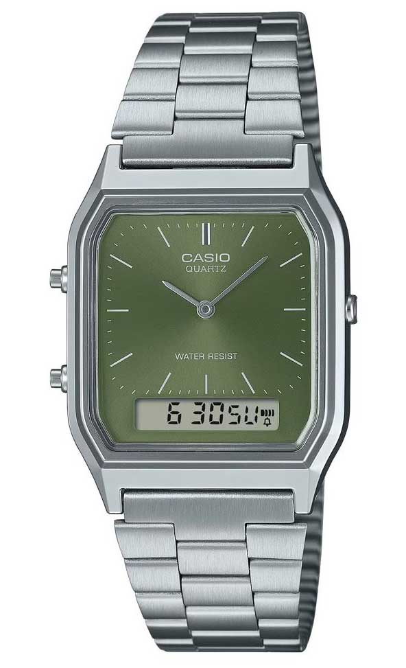 Casio | Grön sunray-urtavla analog-digital klocka med rektangulär design | AQ-230A-3AMQYES - Analog-digital-mix - Silver - Damklocka - Rostfri stål - 