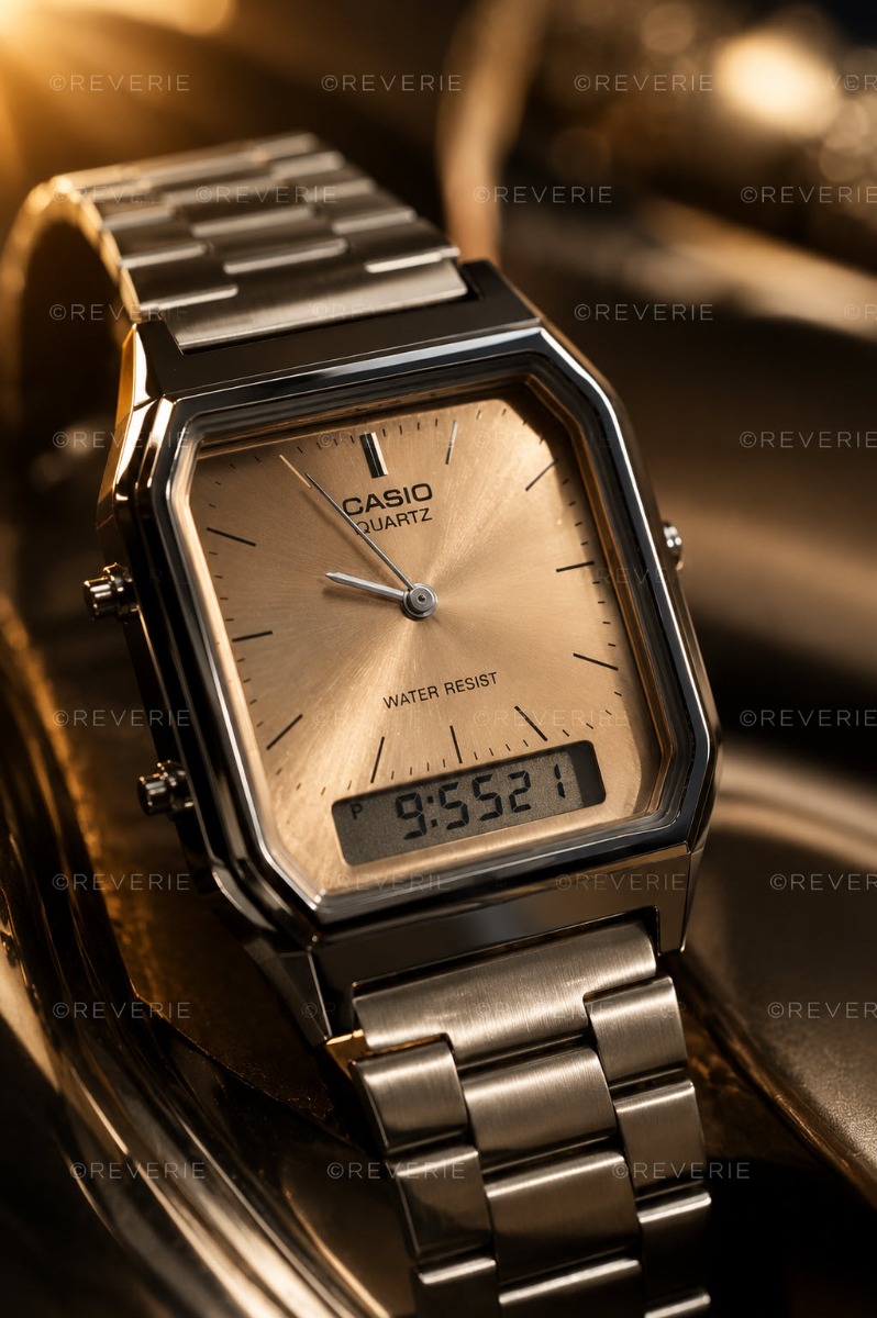 Vintage Casio dubbel display guldton digital-analog klocka med sunray-urtavla - Analog-digital-mix - Silver - Unisex - Rostfri stål - Akryl