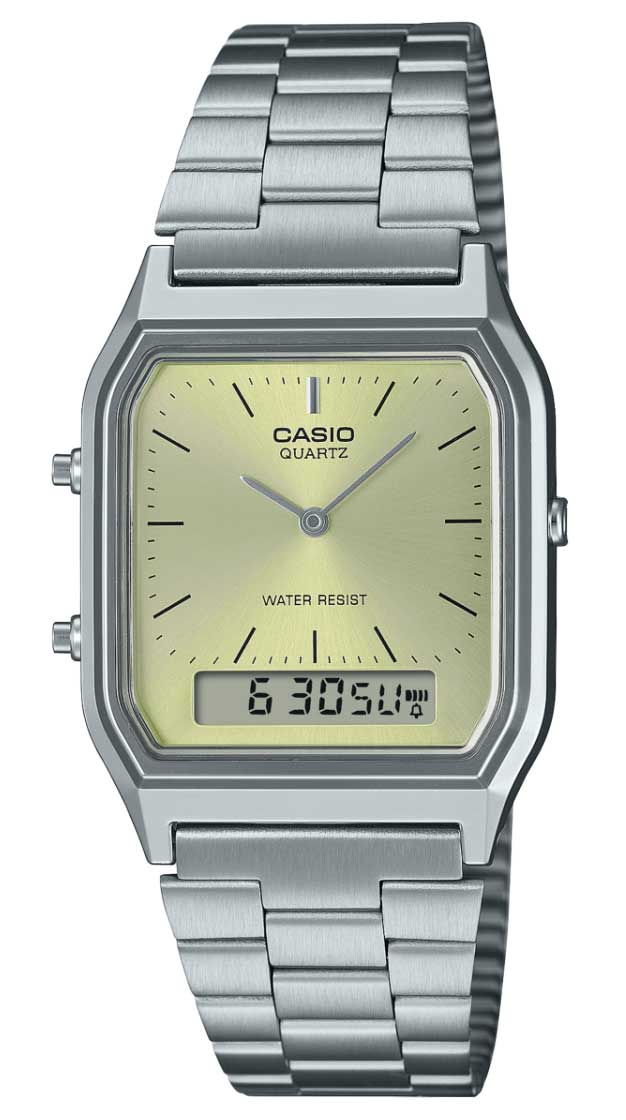 Casio | Unisex dubbeldisplay-klocka med solstråleurtavla och rostfritt stål | AQ-230A-9AMQYES - Analog-digital-mix - Silver - Damklocka - Rostfri stål