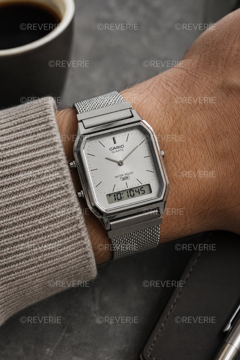 Casio Vintage Ani-Digi Unisex Steel Mesh 29mm - Analog-digital-mix - Silver - Unisex - Mesh - Resin