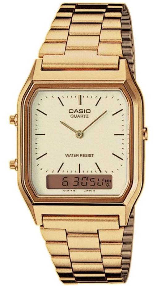 När analog möter digital, så firar Casio med guldklocka - Casio AQ230GA-9D - Analog-digital-mix - Guld - Unisex - Rostfri stål - Härdat mineralglas