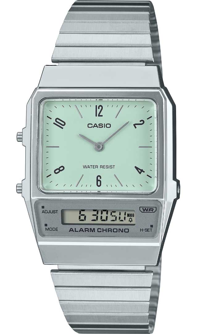 Casio Vintage Ana-Digi-klocka med mintgrön urtavla och kromfinish | AQ-800E-3AEF - Analog-digital-mix - Silver - Unisex - Rostfri stål - Resin