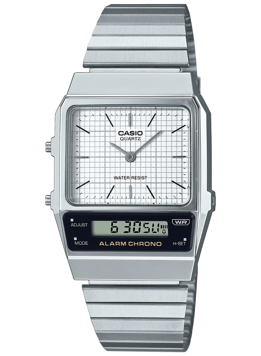 Casio | Vintage ana-digi-klocka med stålarmband och retrostil | AQ-800E-7AEF - Analog-digital-mix - Silver - Unisex - Stretch - Akryl