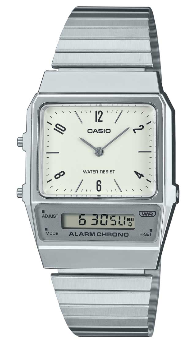 Casio | Rektangulär dubbel display-klocka med retro rutmönster och unisexdesign | AQ-800E-7A2EF - Analog-digital-mix - Silver - Unisex - Rostfri stål 