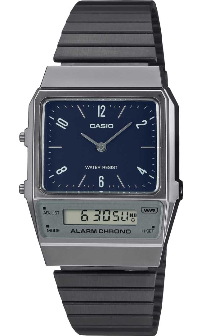Casio | Retro dubbel display med marinblå rutmönstrad urtavla och jonpläterat armband | AQ-800EB-2AEF - Analog-digital-mix - Svart - Unisex - Rostfri 