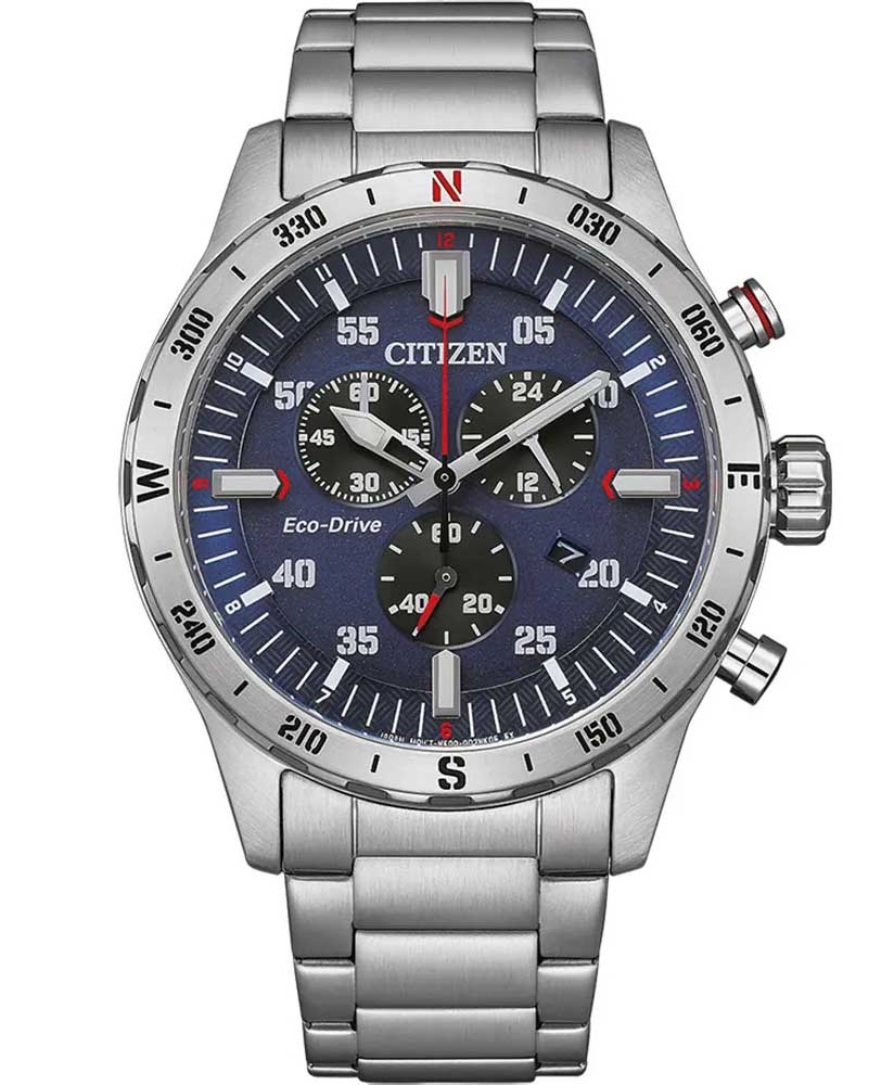Citizen Eco-Drive kronograf med kompass | Sportdesign med blå urtavla | AT2520-89L - Quartz - Silver - Herrklocka - Rostfri stål - Härdat...