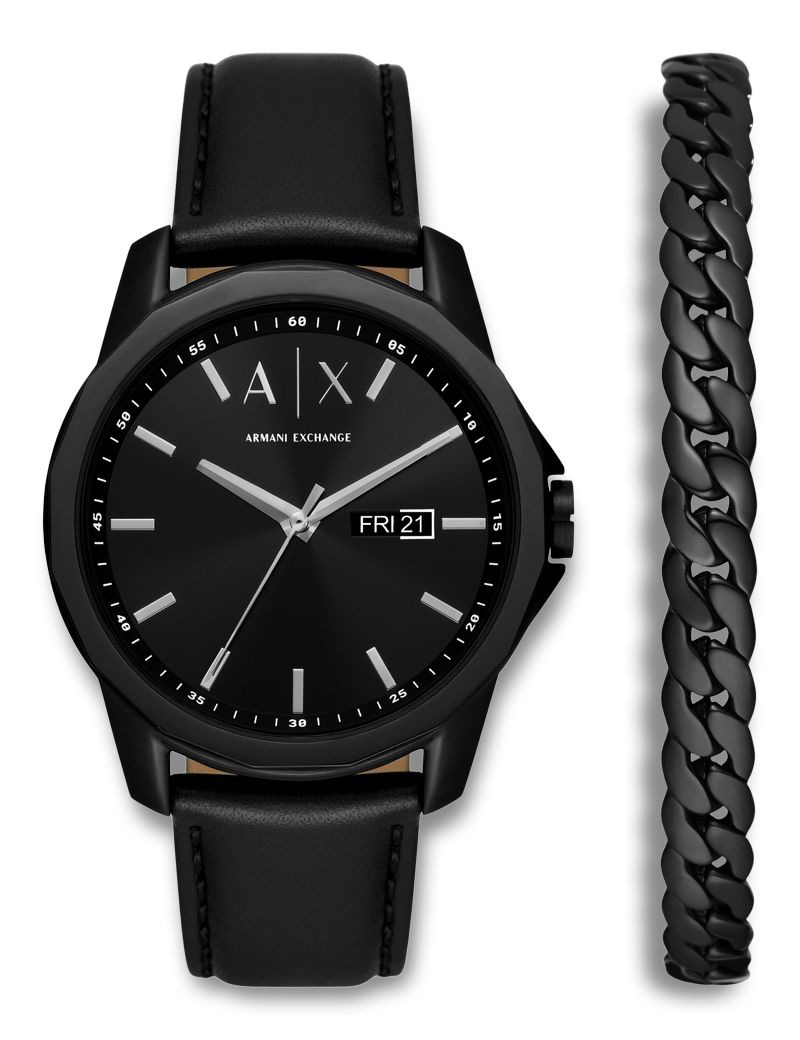 Armani Exchange Banks Set AX7147SET - Quartz - Svart - Herrklocka - Läder - Härdat mineralglas