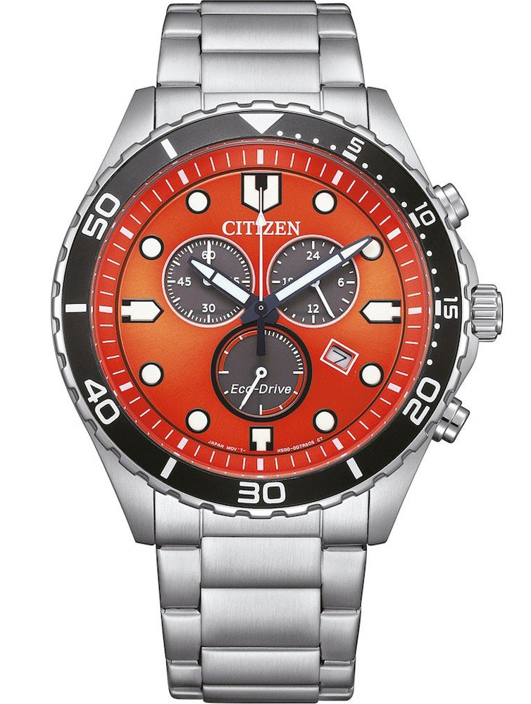 Citizen Eco-Drive kronograf i stål med H500 urverk och orange urtavla | AT2560-84X - Quartz - Silver - Herrklocka - Rostfri stål - Härdat...