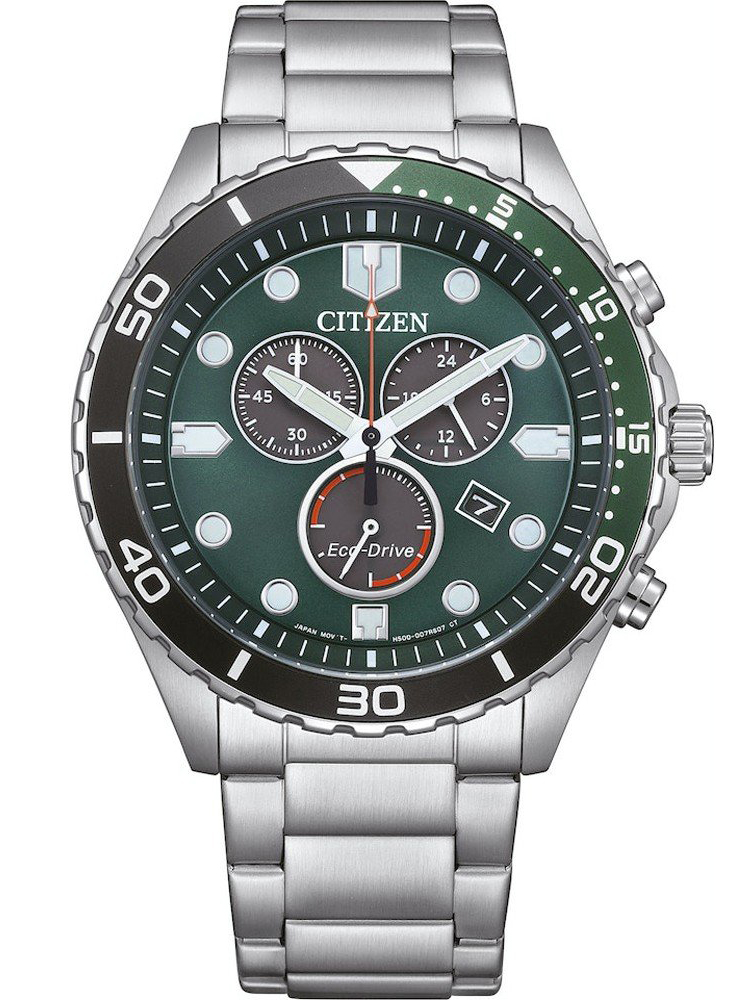 Citizen Eco-Drive kronograf i stål med H500 urverk och grön urtavla | AT2561-81X - Quartz - Silver - Herrklocka - Rostfri stål - Härdat mineralglas