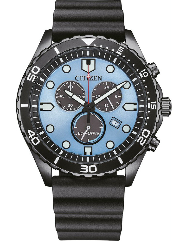 Citizen Eco-Drive kronograf i svart stål med H500 urverk och blå urtavla | AT2567-18L - Quartz - Svart - Herrklocka - Gummi - Härdat mineralglas