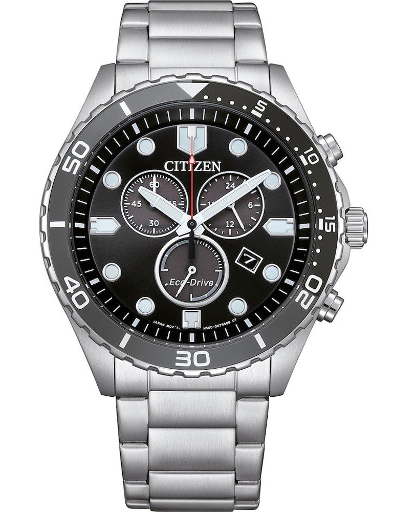 Citizen Eco-Drive kronograf i stål med H500 urverk och svart urtavla | AT2568-82E - Quartz - Silver - Herrklocka - Rostfri stål - Härdat...