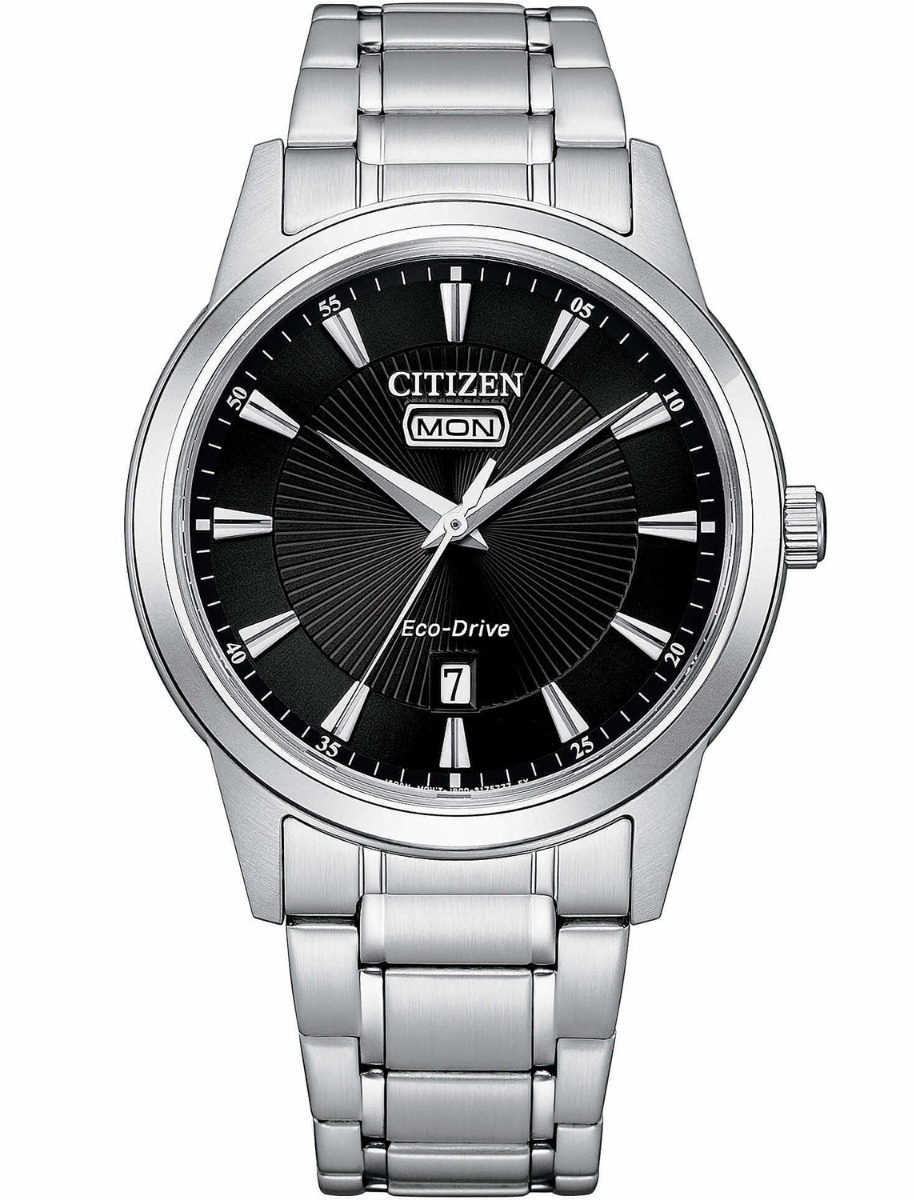 Citizen Eco-Drive herrklocka i stål med dag/datum | Svart solstråle urtavla | AW0100-86E - Quartz - Silver - Herrklocka - Rostfri stål - Härdat...