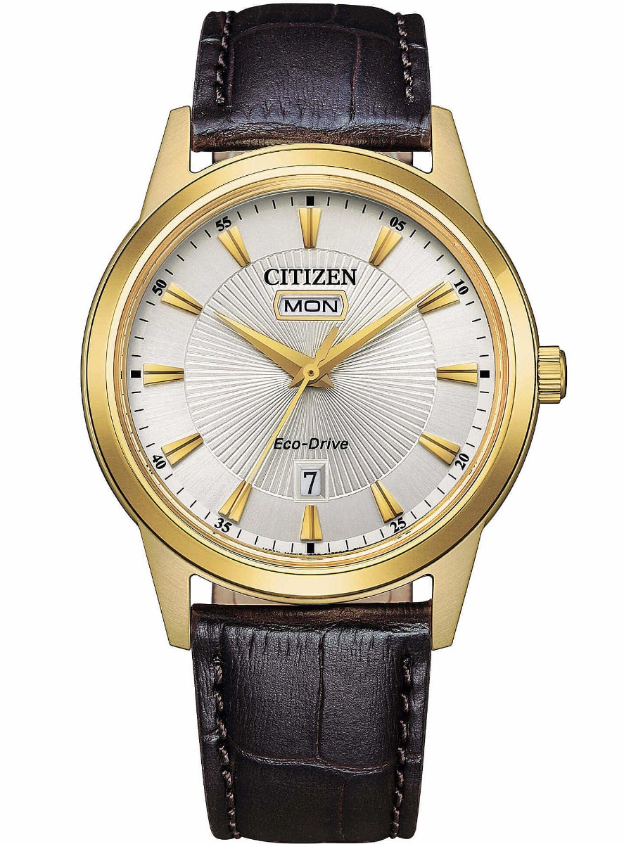 Citizen Eco-Drive herrklocka i gyllene färgat stål | Solstråle urtavla med dag/datum | AW0102-13A - Quartz - Guld - Herrklocka - Läder - Härdat...