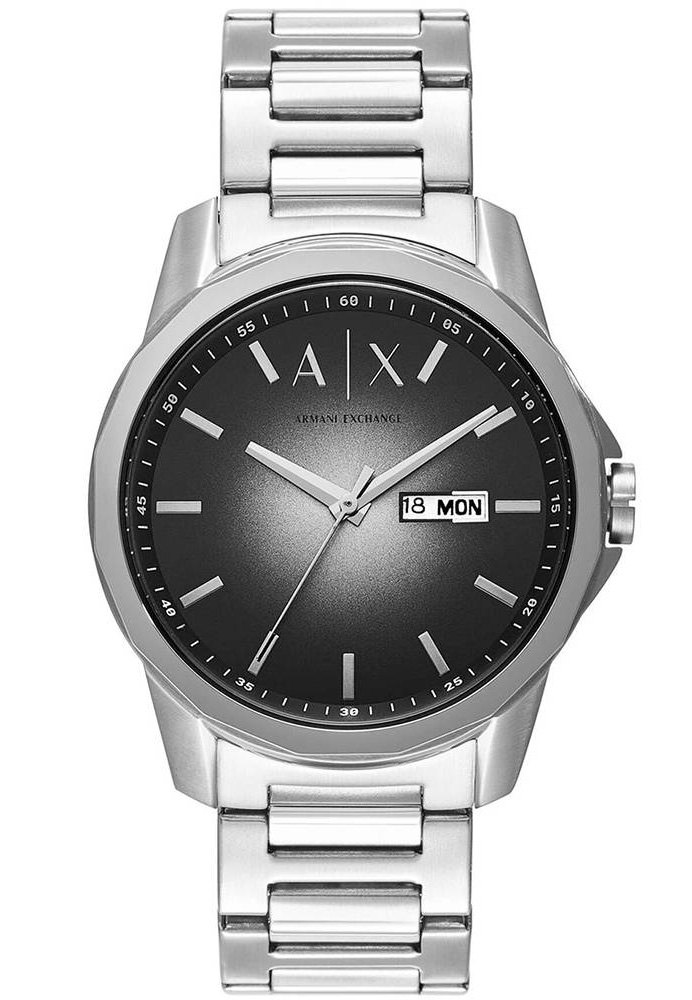 Armani Exchange Mens Day-Date 44mm - Quartz - Silver - Herrklocka - Rostfri stål - Härdat mineralglas