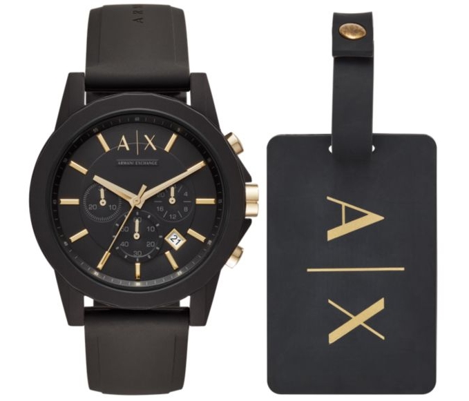 Silikonarmband, kronograf och elegans... i svart - Armani Exchange Luggage Gift Set AX7105 - Quartz - Svart - Herrklocka - Silikon - Härdat...