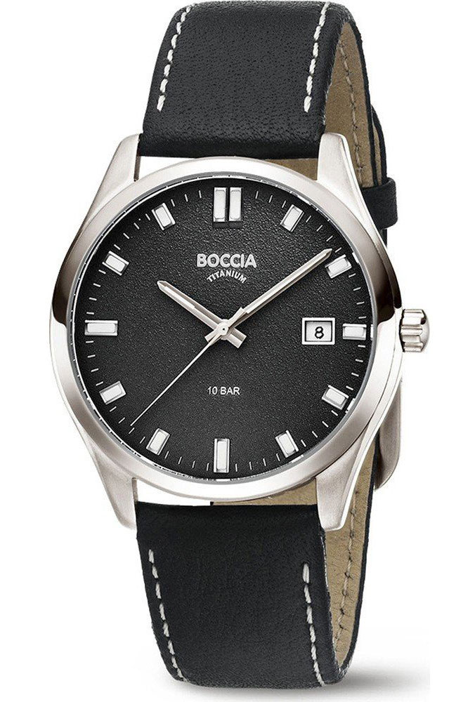 Boccia Titanium Mens 3669-02 - Quartz - Silver - Herrklocka - Läder - Härdat mineralglas