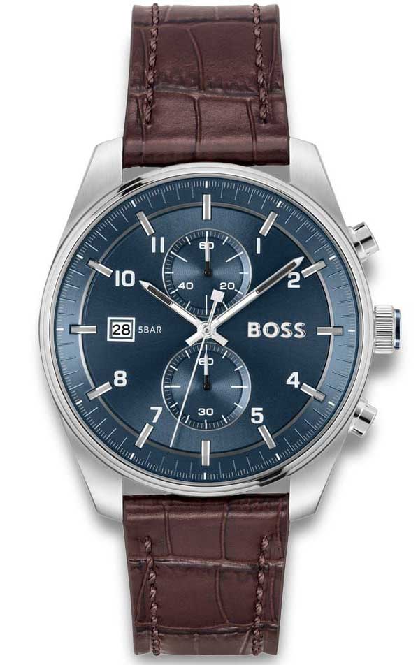 BOSS Skytraveller 1514194 - Quartz - Silver - Herrklocka - Läder - Härdat mineralglas