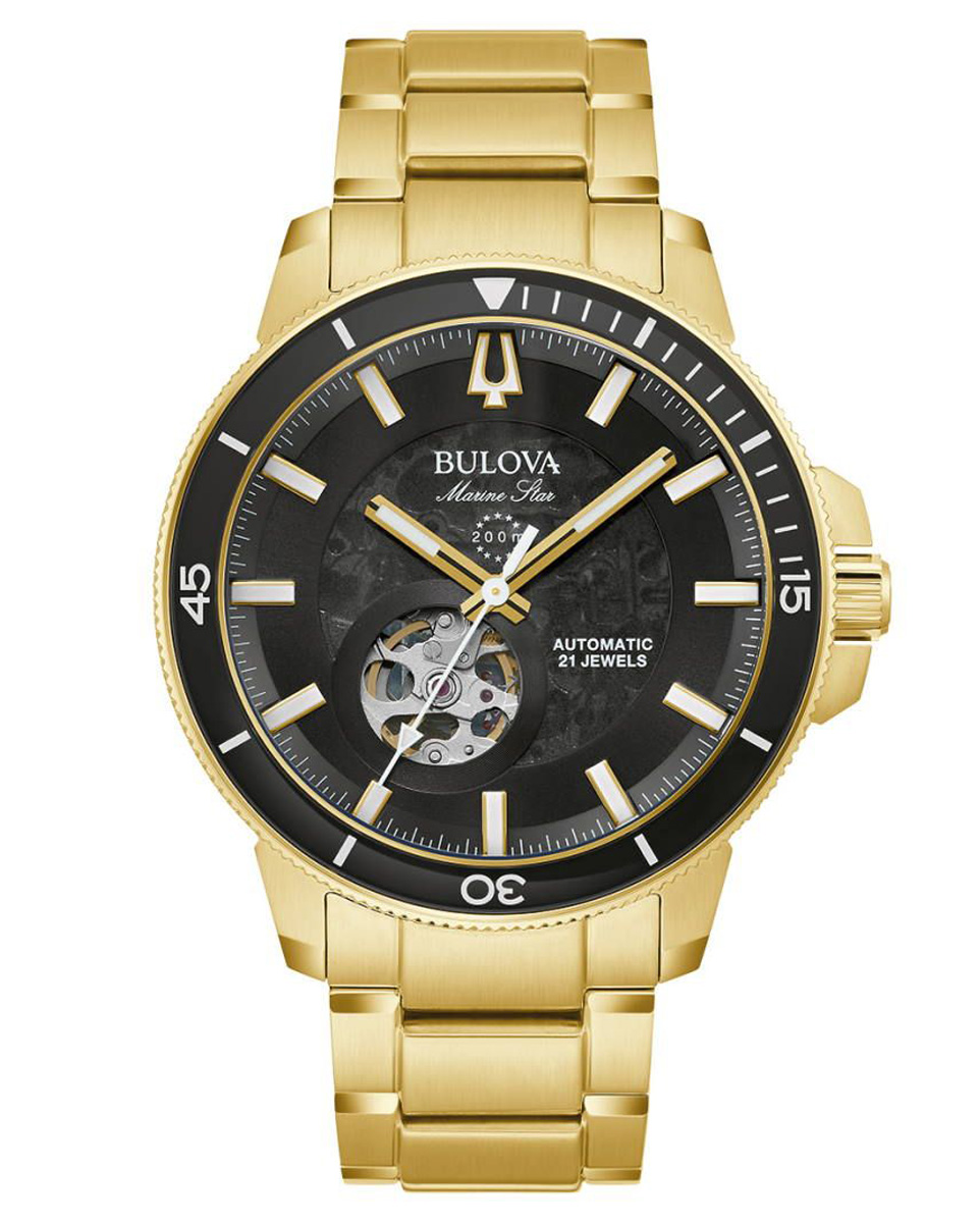 Bulova Marine Star automatisk herrklocka med synligt urverk och gyllene finish | 97A174 - Automatisk - Guld - Herrklocka - Rostfri stål - Härdat...