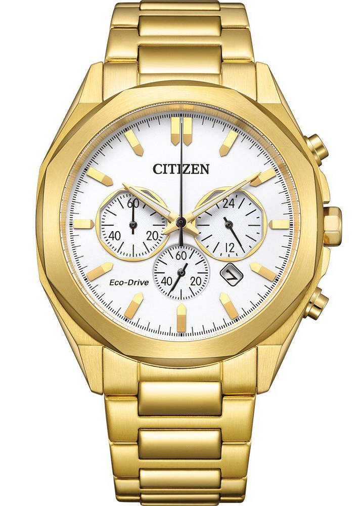 Citizen Eco-Drive kronograf i gyllene färgat stål | Vit urtavla med kronograf | CA4592-85A - Quartz - Guld - Herrklocka - Rostfri stål - Härdat...