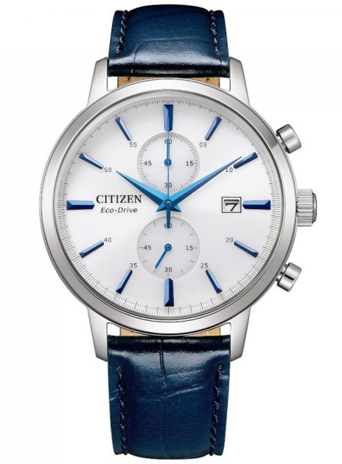Citizen Eco-Drive kronograf i stål med B642 urverk och vit urtavla | CA7069-16A - Quartz - Silver - Herrklocka - Läder - Härdat mineralglas