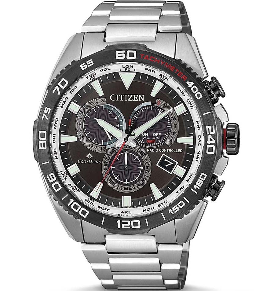 Citizen Promaster Land kronograf med radiostyrning | Eco-drive världstidsur med perpetual kalender och tachymeter | CB5036-87X - Quartz - Silver -...