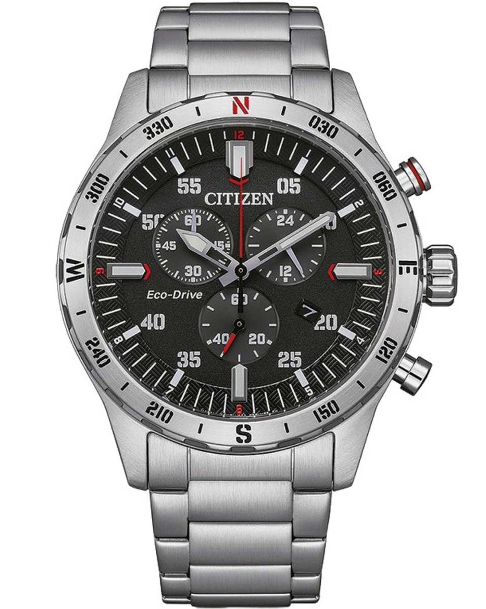 Citizen Eco-Drive kronograf i stål med H500 urverk och kompassring | AT2520-89E - Quartz - Silver - Herrklocka - Rostfri stål - Härdat mineralglas