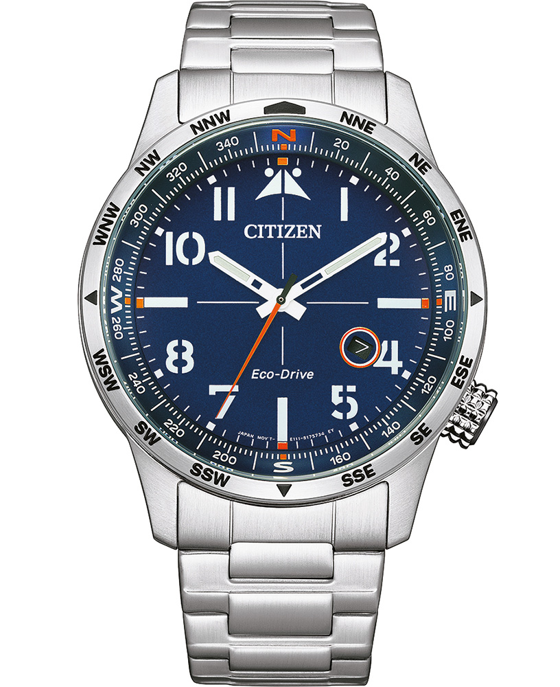 Citizen Eco-Drive pilotklocka i rostfritt stål med E111 urverk och kompassring | BM7550-87L - Quartz - Silver - Herrklocka - Rostfri stål - Härdat...