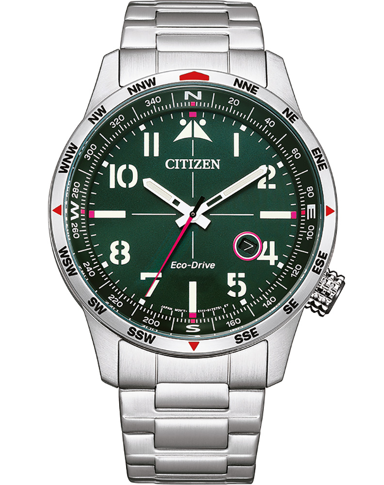 Citizen Eco-Drive herrklocka med grön urtavla och kompassring | BM7551-84X - Quartz - Silver - Herrklocka - Rostfri stål - Härdat mineralglas
