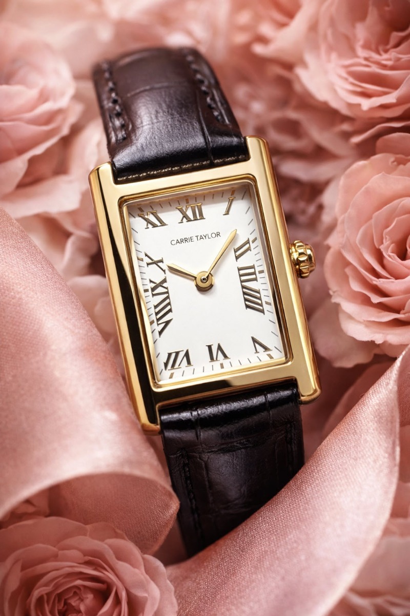 Carrie Taylor Petite Rectangular Black Leather 19mm - Quartz - Guld - Damklocka - Läder - Härdat mineralglas