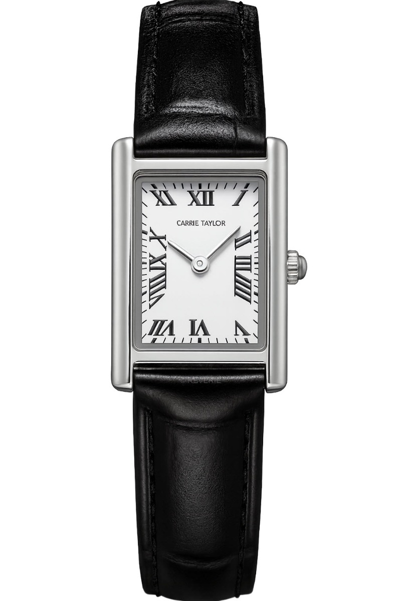 Carrie Taylor Petite Rectangular Black Leather 19mm - Quartz - Silver - Damklocka - Läder - Härdat mineralglas