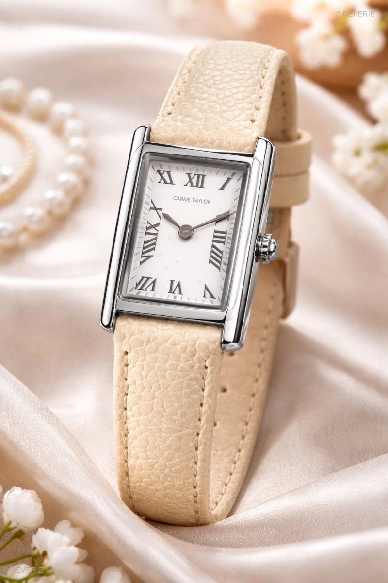 Carrie Taylor Classic Rectangular Beige Calf Leather 19mm - Quartz - Silver - Damklocka - Läder - Härdat mineralglas